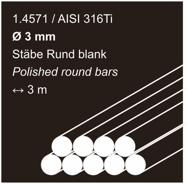 Edelstahlstäbe aus 1.4571 (316Ti), 3 mm Durchmesser, 3000 mm lang, auf braunem Hintergrund abgebildet